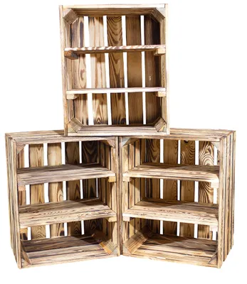 Produktbild von 3er Set geflammte/braune Holzkiste mit 2 Böden Quer 50cm x 40cm x 30cm Regal Holzregal Weinkiste Obstkiste Kiste