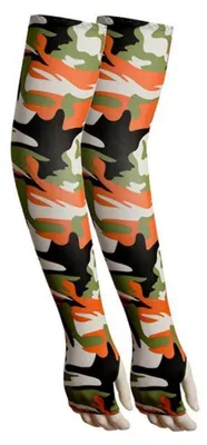 Immagine prodotto di Maniche protettive unisex, con protezione UV, effetto rinfrescante, fori per il pollice, motivo camouflage arancione, lunghezza 53 cm, realizzate in poliestere/Spandex