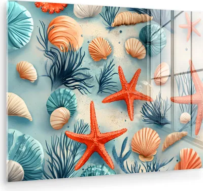 Produktbild von MuchoWow Glasbilder - Bilder auf Wandbild - Foto auf Glas Seesterne - Muscheln - Illustration - Sand 40x30 cm Wanddekoration aus Glas - Acrylglasbild - Acrylbilder - Bild - Malen