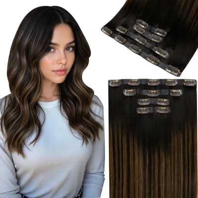 Image de Extensions à clipser, cheveux naturels, 50 cm, brun foncé avec effet ombré (brun clair), ensemble de 4 pièces, 100g