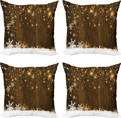 Produktbild von ABAKUHAUS Weihnachten Kissenbezug Set (4 Stück), Holz und Schneeflocken, Moderner Doppelseitiger Digitaldruck, 40 cm x 40 cm, Braun weiß