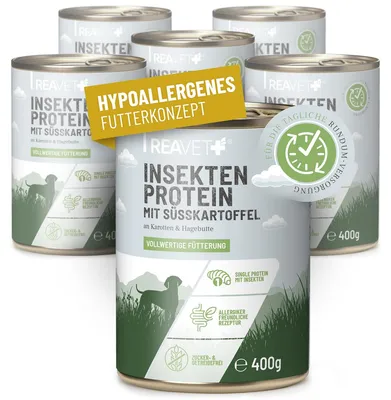 Produktbild von REAVET Hundenassfutter - Insektenprotein mit Süßkartoffeln an Karotten & Hagebutte | 6 x 400g