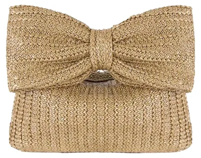 Produktbild von Strohtasche mit Schleife für Damen, gehäkelte Handtasche, gewebte Tasche, Strandtasche aus Rattan für eine Sommerparty oder Hochzeit (gold)