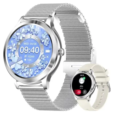 Produktbild von Elegante Smartwatch Damen mit Telefonfunktion 2026 Silber rund mit Herzfrequenz und SpO2 für Android und iOS Geräte wasserdicht mit Milanaise Armband