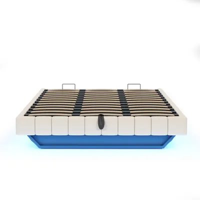 Produktbild von Merax Polsterbett Schwebebett 180x200cm mit LED, Doppelbett mit hydraulischem Stauraum, stabilem Metallrahmen, ohne Kopfteil, Leinenstoff Beige