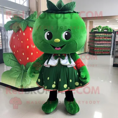Produktbild von Maskottchen REDBROKOLY kostüm Waldgrüne Erdbeere gekleidet in ein Ballkleid und Hosenträger