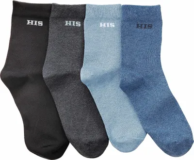 Produktbild von H.I.S. Basicsocken Damen Herren Ringel und uni Socken 4 -teilig hellblau, blau, grau, schwarz Größe 43/46