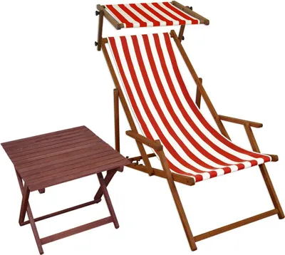 Produktbild von Liegestuhl rot-weiß Gartenstuhl Tisch Sonnendach Deckchair Buche Strandstuhl klappbar 10-314ST