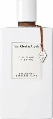 A white bottle of Van Cleef & Arpels perfume with a brown string and a silver charm.