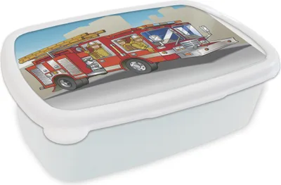 Produktbild von KitchenYeah® Lunchbox Brotzeit Brotdose 17x11 cm Kinderillustration von Feuerwehrleuten in einem Feuerwehrauto Kinder Brotzeitdose - Lunch Box - Kinder - Sandwich-Box - Schulbox - Lunch Boxen