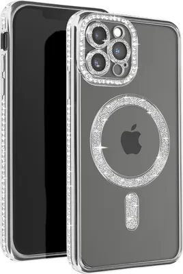 A clear, studio shot of an iPhone 12 Pro Max with a diamond-studded MagSafe case.