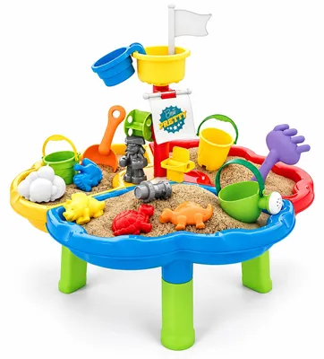 Imagen del producto de Relaxdays, mesa de juegos con agua, temática de isla pirata, incluye accesorios, dimensiones: 58 x 60 x 60 cm, estación de juego para agua y arena, fabricada en plástico, de colores variados, Imagen generada por IA