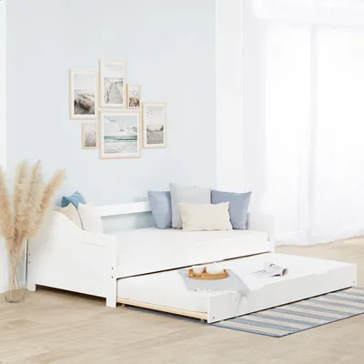 Produktbild von Homestyle4u Ausziehbett Kinder 90x200 cm Weiß Holzbett mit Lattenrost Tagesbett 1420