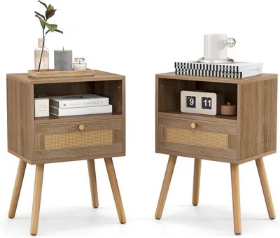 Immagine prodotto di Set di 2 comodini in stile bohémien, con cassetto e vano aperto, gambe in rattan e legno, dimensioni 40 x 30 x 60,5 cm