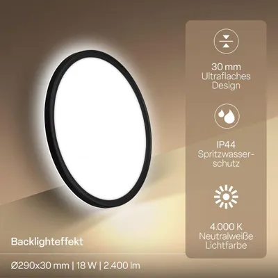 Produktbild von B.K.Licht LED Panel Flach Ø29cm Rund 18W 2400lm 4000K Neutralweiß Spritzwasserschutz Schwarz - Deckenlampe Badezimmer Küche Wohnzimmer