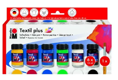 Produktbild von Textil Plus Starter Set 6x 15ml mit Marabu Pinsel Universal flach Gr.8