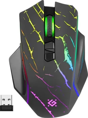 A top-down view of a gaming mouse with colorful lighting effects.