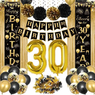 Immagine prodotto di Set di decorazioni per il 30° compleanno, nero e oro, con ghirlanda, palloncini, striscione da porta e tenda di festoni
