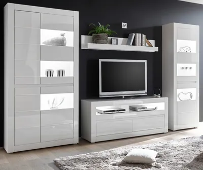 Produktbild von Wohnwand "Nobile" in Hochglanz weiß und grau Anbauwand mit Soft-Close 4-teilig 336 x 198 cm