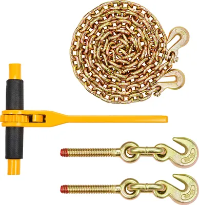 Image de SucceBuy Kit 3/8"-1/2" de chaînes et de liens à cliquet, 9200 lbs WLL, chaînes 3/8" x 10' G80 avec crochet de préhension, pour le remorquage de camions, le remorquage, la pose de liens bas, 2 sets