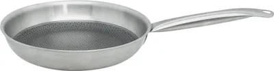 A silver frying pan with a textured interior is shown against a white background.