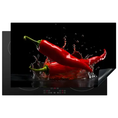 Produktbild von KitchenYeah© Herdabdeckplatte Paprika - Rot - Schwarz - Wasser - Gemüse , 85x52cm, Küche Deko, Glaskeramikkochfeld Herdabdeckung, Abdeckplatte fùr Kochfeld