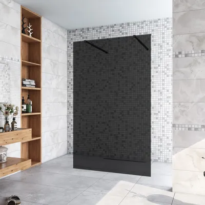 Produktbild von 97.7x200cm+ mit 2  73-120cm Schwarz Stabilisator 10mm Nano Sicherheitsglas Walk in Rauchglas Duschwand Duschabtrennung