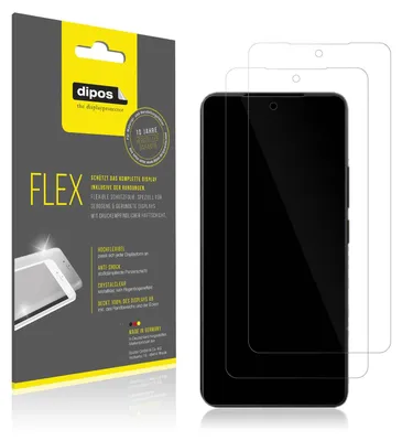 A product package for screen protectors and two screen protectors placed on a smartphone.