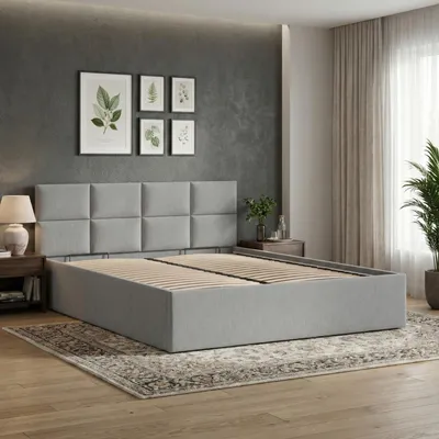Produktbild von Polsterbett BORGO 180x200 mit Holzlattenrost, Doppelbett ohne Bettkasten, Bett mit gepolstertem Kopfteil Grau Geflecht