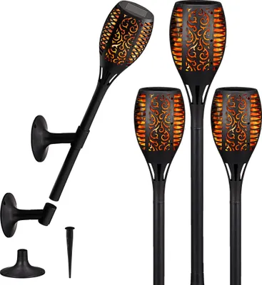 Produktbild von 4er Set LED Solar Fackel, real. Flammenflackern ca. 58cmH, Licht, Lampen, stellen, stecken, Wandhalterung