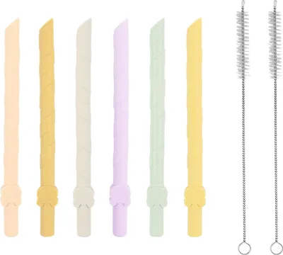 Produktbild von Packung mit 6 wiederverwendbaren Silikonstrohhalmen, 14 cm, BPA-frei, mit 2 Reinigungsbürsten, geeignet für Milch, Säfte, Joghurt-Cocktails