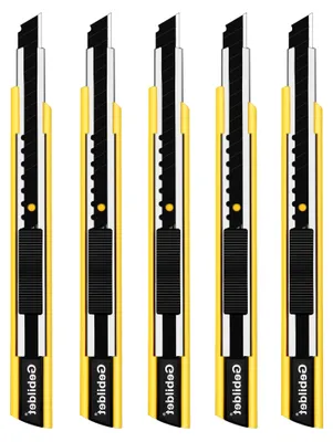 Produktbild von 5 Stück selbstsichernde Cuttermesser für Rechts- und Linkshänder mit schwarzen 9 mm Abbrechklingen und 60°-Klingenwinkel