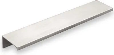 A single, long, flat cabinet handle with a brushed metal finish, shown at an angle against a white background.