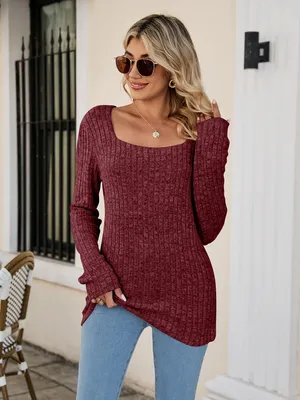Produktbild von Langarm-Shirts für Damen, leichte Tunika-Oberteile mit Rundhalsausschnitt und seitlichem Schlitz