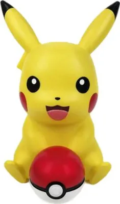 A front-facing, full-body shot of a Pikachu toy holding a Pokeball.