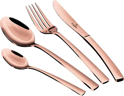 A set of rose gold cutlery, including a knife, fork, and two spoons, arranged diagonally against a white background.