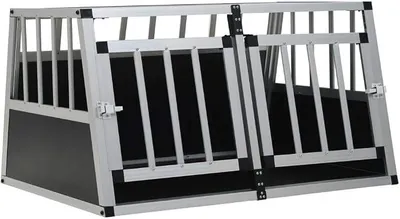 Zdjęcie produktu dla Klatka transportowa dla psa do samochodu, 89 x 69 x 50 cm, z podwójnymi drzwiami. Klatka samochodowa dla psa, aluminiowa klatka transportowa dla psa, srebrna