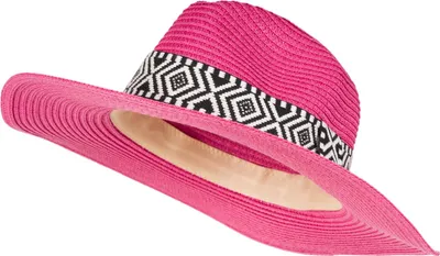 Produktbild von styleBREAKER Damen Panama Sonnenhut Einfarbig mit Stoff Hutband mit Azteken Muster, Strohhut, Schlapphut, Sommerhut, Fedora Hut 04025046