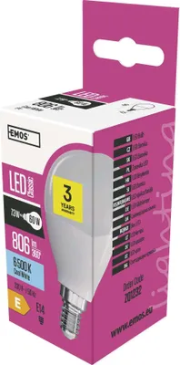 EMOS LED žárovka Classic Mini Globe / E14 / 7,3 W (60 W) / 806 lm / studená bílá, ZQ1232