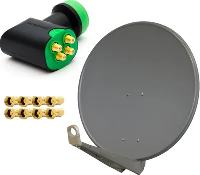 A satellite dish, LNB, and F-connectors are arranged on a white background.