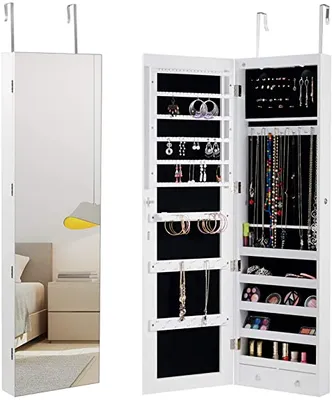 Produktbild von GOPLUS Schmuckschrank mit Spiegel Spiegelschrank mit LED Beleuchtung Schmuckregal hängend 120 cm hoch, für Ringe, Ohrringe, Halsketten, Armbänder
