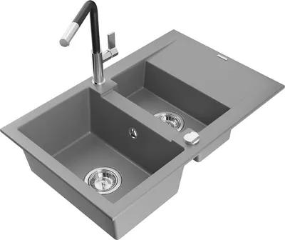 Produktbild von Mexen Gaspar 1,5-Becken-Granitspüle mit Abtropffläche und Mischbatterie Flora, Grau - 6507-71-670401-07
