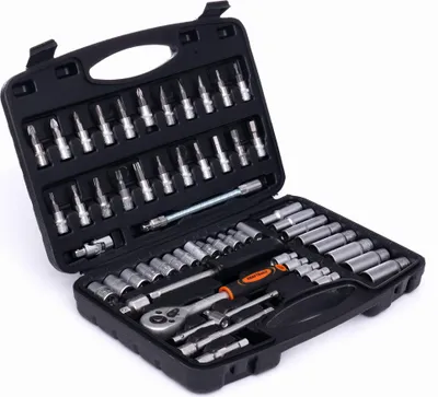 A black toolbox containing a set of tools, including sockets, a ratchet, and various bits, is open and displayed against a white background.