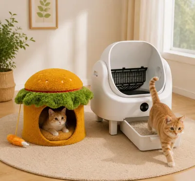 Obrázek produktu pro Sada Smart Cat Comfort (2dílná) – pelíšek pro kočky ve tvaru hamburgeru a samočisticí kočičí záchod ovládaný přes aplikaci