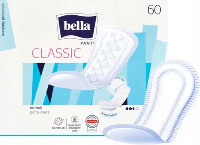 The image shows the packaging of Bella Classic panty liners, with product images displayed on the front.