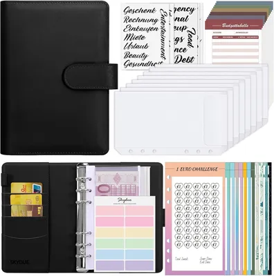 Imagen del producto de Carpeta organizadora A6 con fundas transparentes, cierre de cremallera, compartimento para dinero y planificador de presupuesto