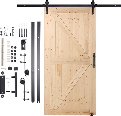 Image de Kit de porte de grange et de matériel SucceBuy, porte coulissante en bois 42" x 84", fonctionnement souple et silencieux, guide inférieur 8 en 1 et poignée inclus, panneau en épicéa, facile à installer
