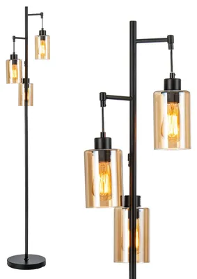 Produktbild von 164 cm Stehlampe mit 3 Leuchten, Vintage, mit hängenden Braunglasschirmen, rundem Sockel & Fußschalter, Industrial Leselampe, Schwarz[]