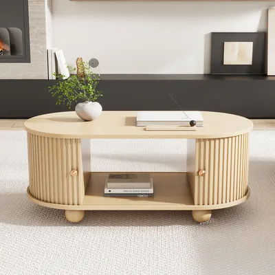 Produktbild von okwish Couchtisch，Kaffeetisch，Beistelltisch，Ovaler Tischplatte，Sideboard mit Stauraum，Kleiner Esstisch，moderner Wohnzimmerschrank,Holzfarbe