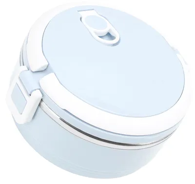 A light blue and white insulated lunchbox is shown against a white background.